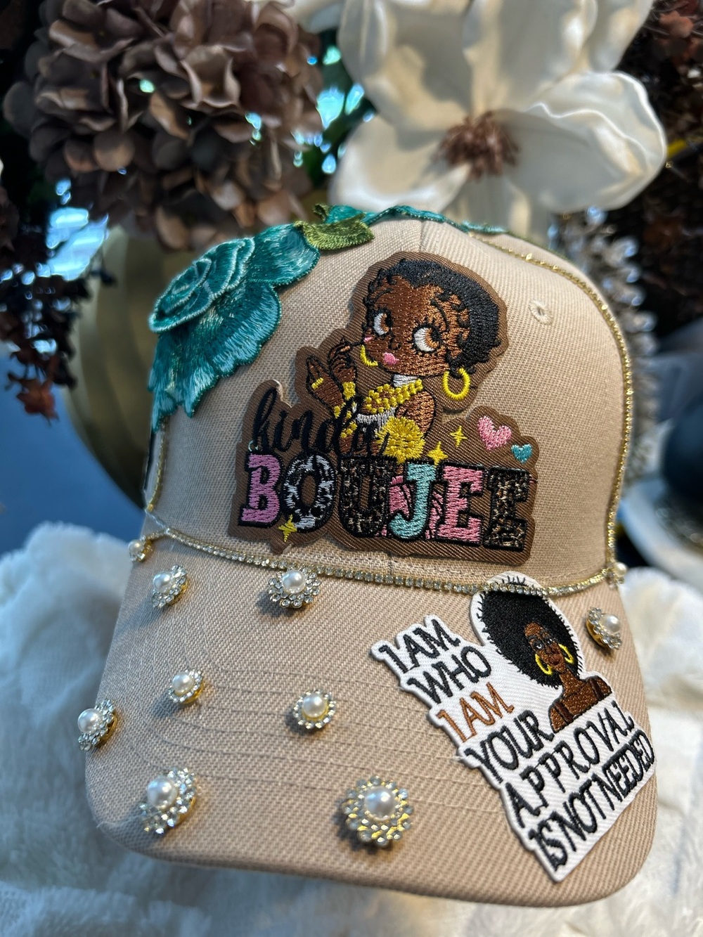 Designers Originals Beige Embellished 'Boujee' Baseball Cap with Teal Flower